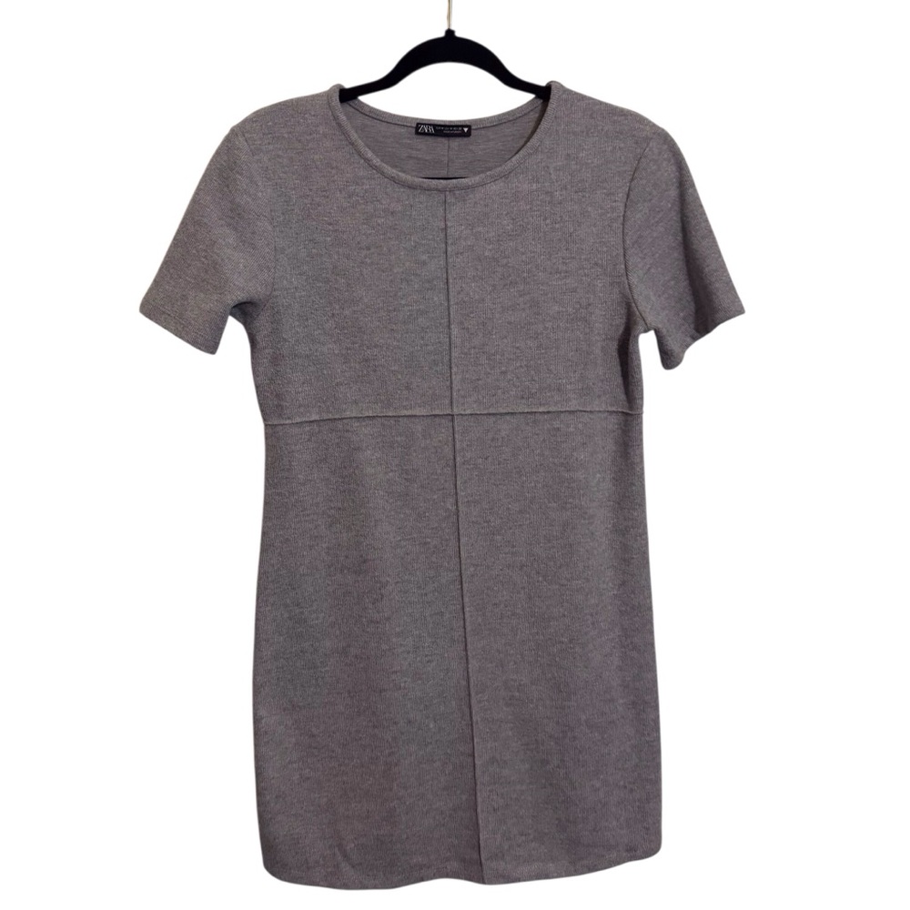 Zara Medium Gray Short Sleeve Knit Mini Dress Ribbed Minimalist Seam Detail
